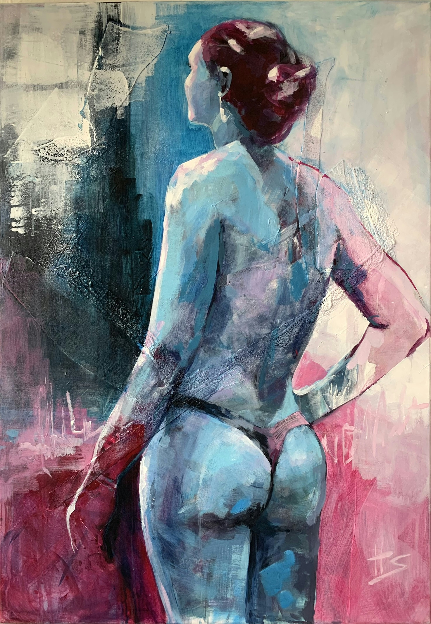 Nude artwork by Heike Schümann depicts a standing woman from behind
